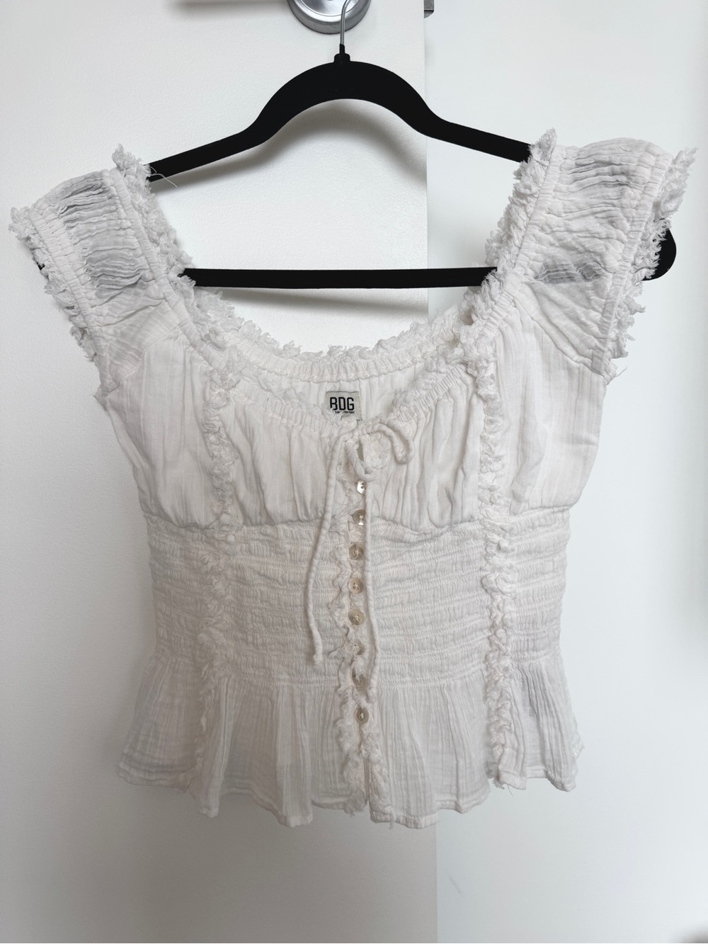BDG Urban Outfitters Mabel Top - White Cotton Ruffled Peasant Top